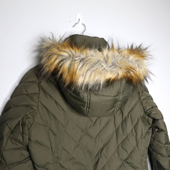Larry Levine Long Midi Down Filled Parka Coat Faux Fur Hood Olive Green Quilted - Picture 15 of 15